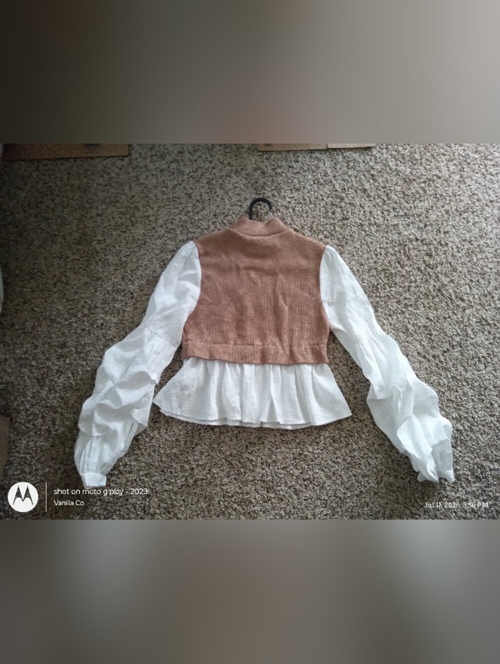 Anthropologie Mixed Media Mock Neck Ruffle Sleeve Peplum Top Tan Medium - Picture 5 of 10